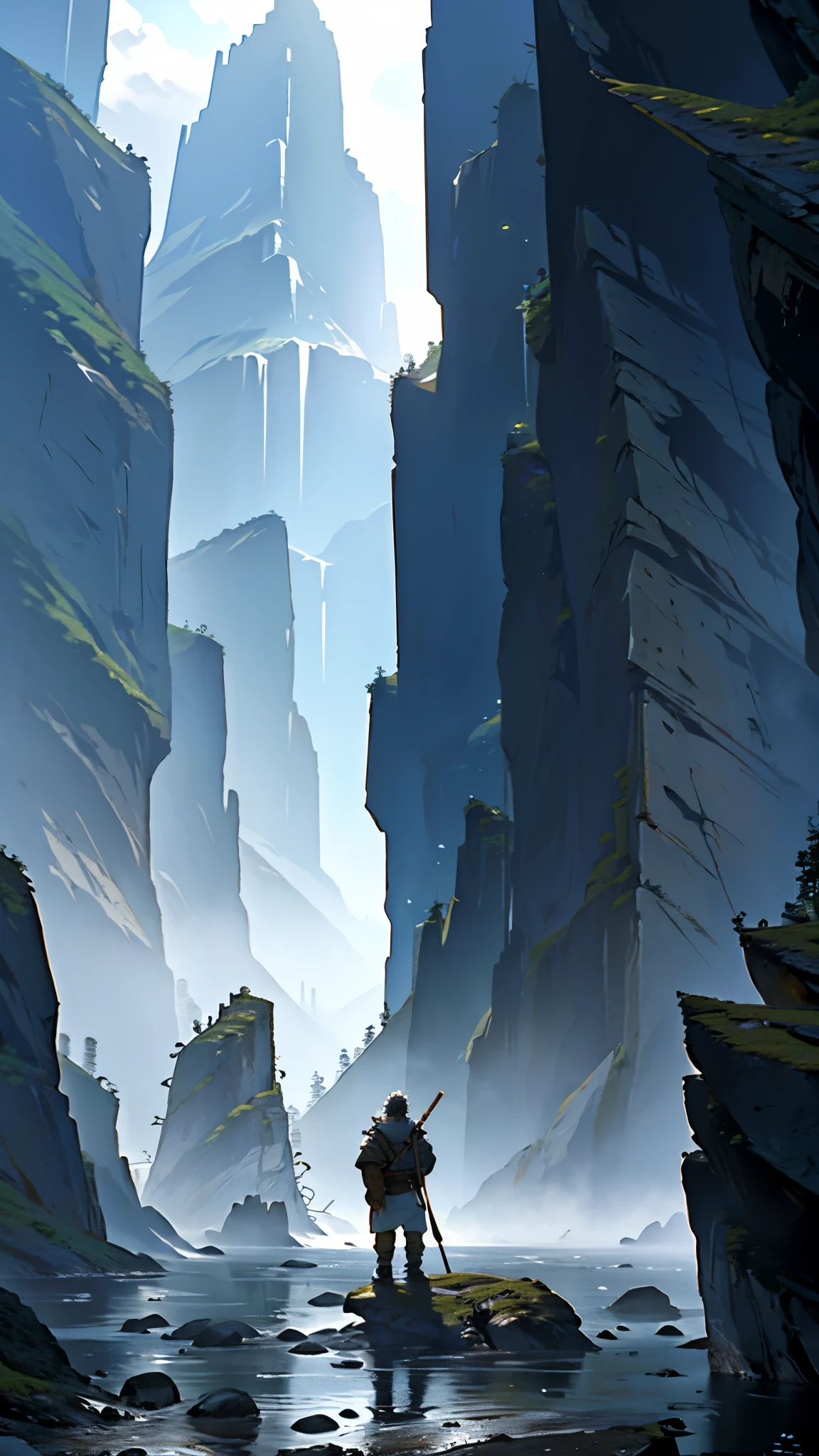 A rugged landscape with a lone figure standing amidst towering mountains, embodying stoic strength.