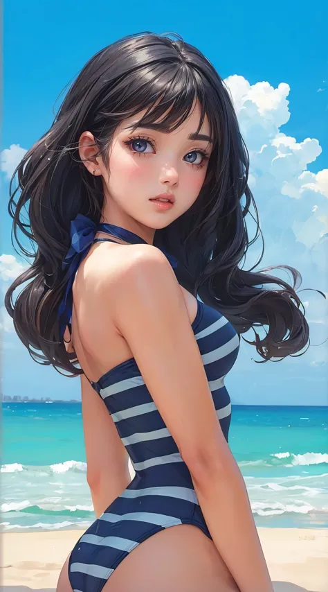 (best quality, masterpiece:1.2), perfect body, huge breasts, attractive woman, navy and white striped swimming suit with bow on top, cute, beach, sea, sky, city skyline, elaborate details