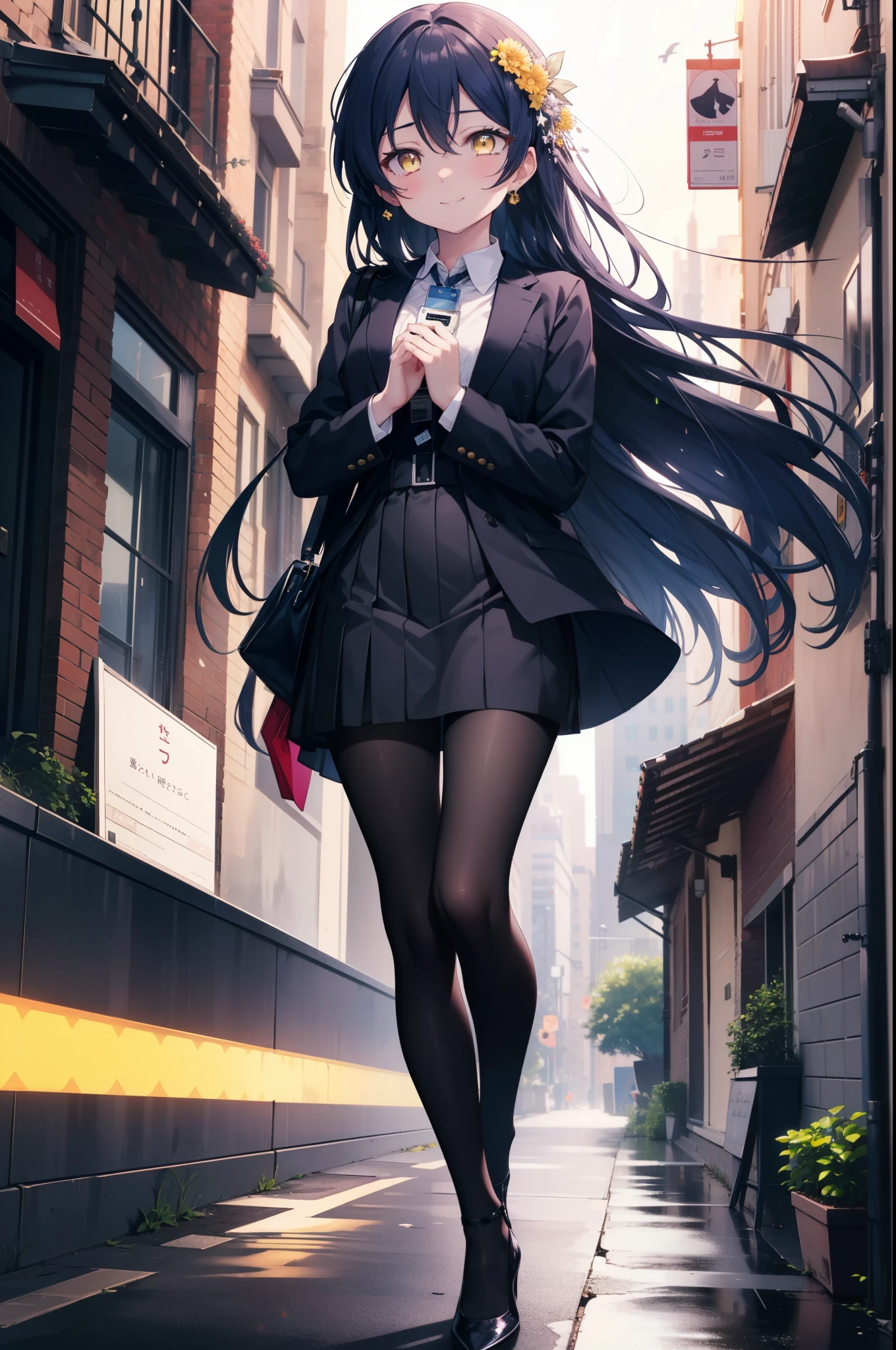 Kamisonoda, Umi Sonoda, long hair, blue hair, (yellow eyes:1.5) (medium chest:1.2),smile,blush,OL, end, black suit jacket, collared jacket, white dress shirt, collared shirt, neckline, button, strap, ID card on neck,black pantyhose,stiletto heels,morning日,morning,walking,So that the whole body goes into the illustration,two sparrows are flying in the sky,
break looking at viewer,
break outdoors, residential street, 
break (masterpiece:1.2), highest quality, High resolution, unity 8k wallpaper, (figure:0.8), (detailed and beautiful eyes:1.6), highly detailed face, perfect lighting, Very detailed CG, (perfect hands, perfect anatomy),