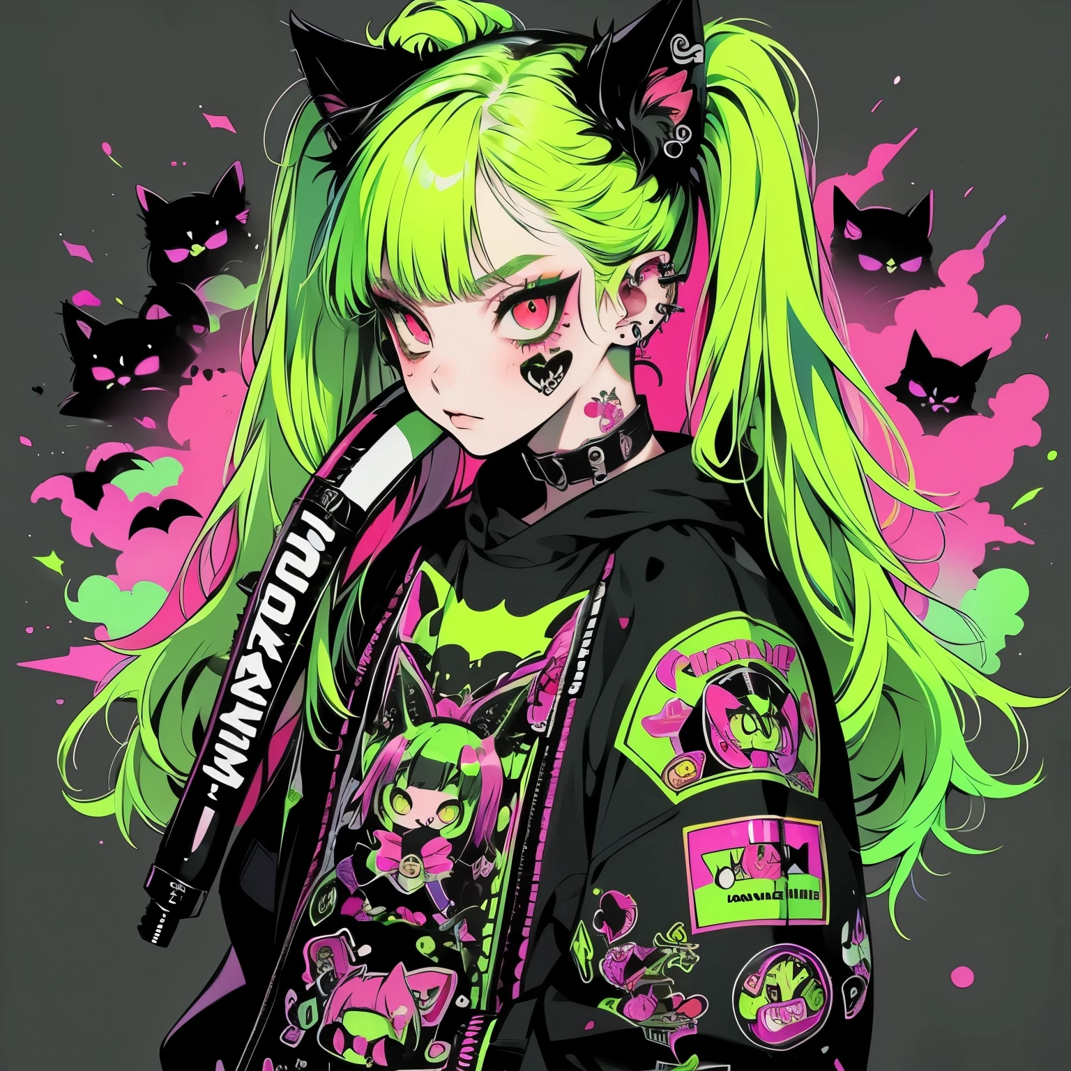 A girl with green hair and a black jacket with pink and green splats -  SeaArt AI