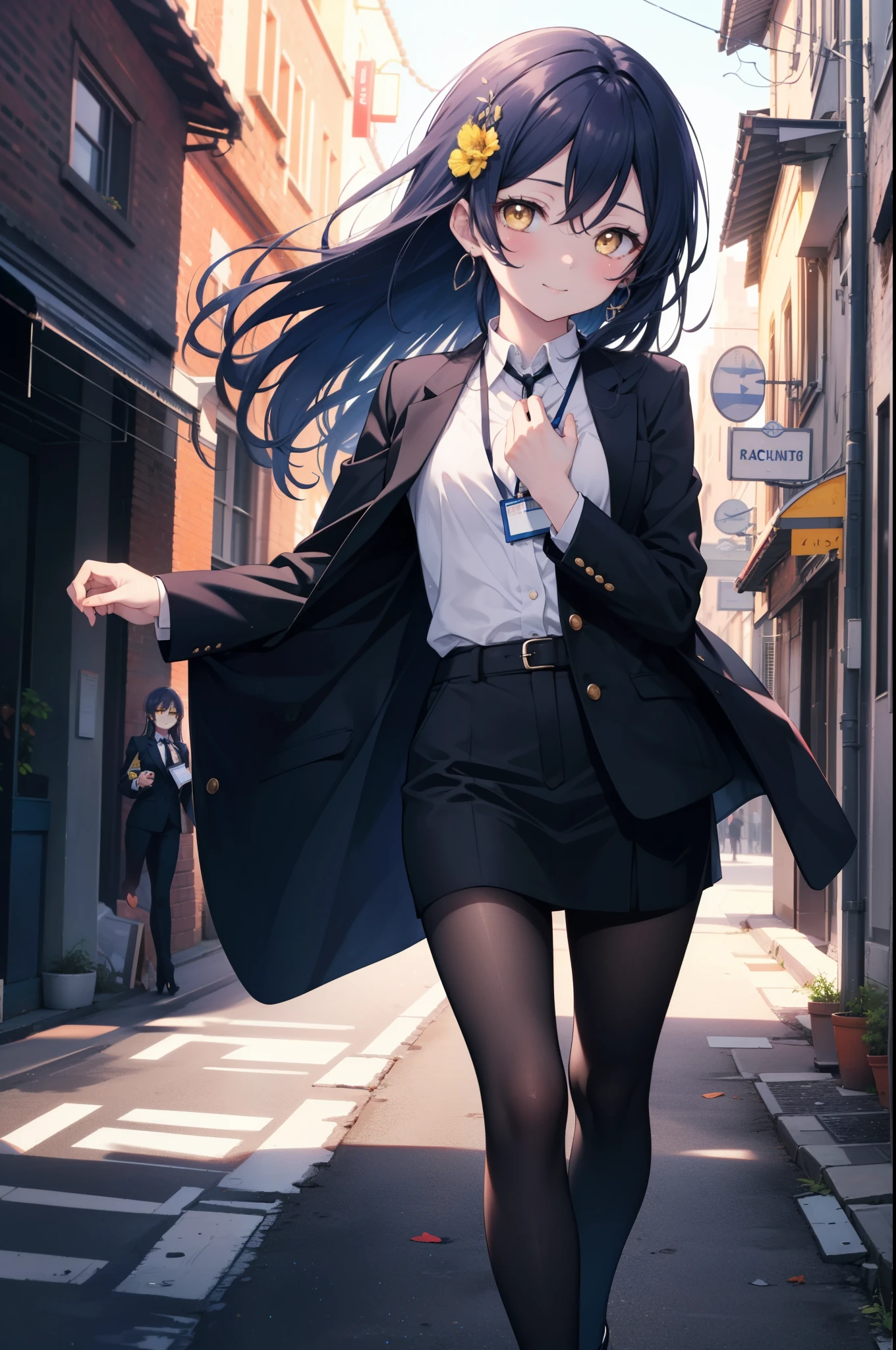 Kamisonoda, Umi Sonoda, long hair, blue hair, (yellow eyes:1.5) (medium chest:1.2),smile,blush,OL, end, black suit jacket, collared jacket, white dress shirt, collared shirt, neckline, button, strap, ID card on neck,black pantyhose,stiletto heels,morning日,morning,walking,So that the whole body goes into the illustration,two sparrows are flying in the sky,
break looking at viewer,
break outdoors, residential street, 
break (masterpiece:1.2), highest quality, High resolution, unity 8k wallpaper, (figure:0.8), (detailed and beautiful eyes:1.6), highly detailed face, perfect lighting, Very detailed CG, (perfect hands, perfect anatomy),