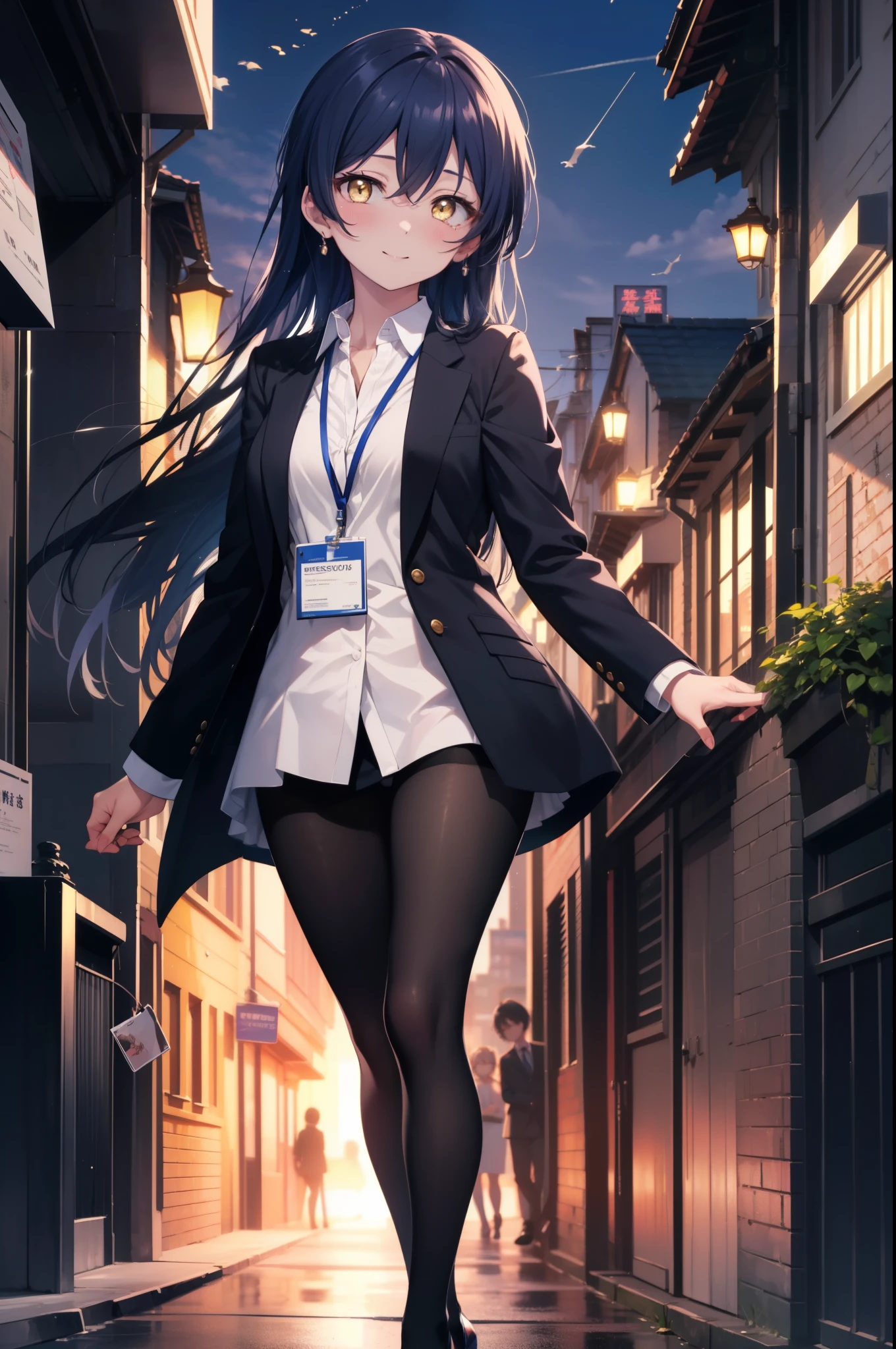 Kamisonoda, Umi Sonoda, long hair, blue hair, (yellow eyes:1.5) (medium chest:1.2),smile,blush,OL, end, black suit jacket, collared jacket, white dress shirt, collared shirt, neckline, button, strap, ID card on neck,black pantyhose,stiletto heels,morning日,morning,walking,So that the whole body goes into the illustration,two sparrows are flying in the sky,
break looking at viewer,
break outdoors, residential street, 
break (masterpiece:1.2), highest quality, High resolution, unity 8k wallpaper, (figure:0.8), (detailed and beautiful eyes:1.6), highly detailed face, perfect lighting, Very detailed CG, (perfect hands, perfect anatomy),