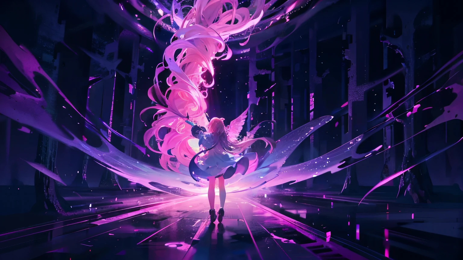 a girl turned away holding a wand in the air, the wand is releasing a beam of pink light into the sky, background a dense and magical forest with several winged creatures watching HD high deftion TRUE COLOR 4k hyper color neon