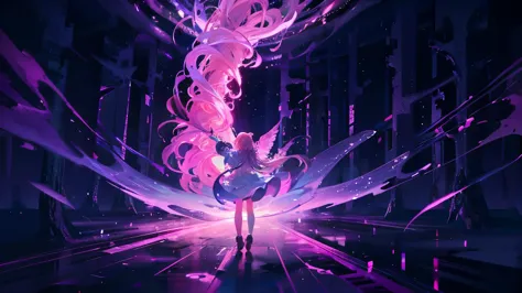 a girl turned away holding a wand in the air, the wand is releasing a beam of pink light into the sky, background a dense and ma...