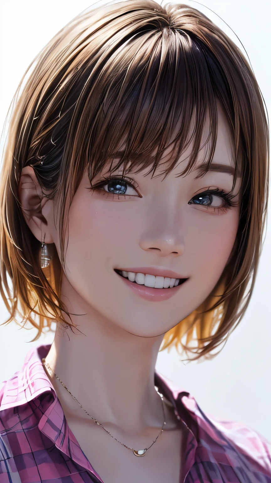 (highest quality、8k、32K、masterpiece)、(realistic)、(Photoreal:1.2)、(High resolution)、Super detailed、very beautiful face and eyes、1 girl、round and small face、thin waist、delicate body、(close、highest quality、high detail、rich skin details)、(highest quality、8k、oil paint:1.2)、Super detailed、(realistic、realistic:1.37)、bright colors、(((I'm blonde)))、(((bust shot)))、(((medium hair、blonde hair)))、(((Pure white wall background)))、(((she is wearing a white and pink flannel shirt)))、(((pure white wall background)))、(((pink and white clothes)))、(((Gingham check pattern flannel shirt)))、(((I&#39;m smiling)))、(((I&#39;m laughing out loud)))、(((Teeth are visible)))、(((I'm touching my head)))、(((A checkered shirt)))、(((I&#39;m wearing a necklace)))