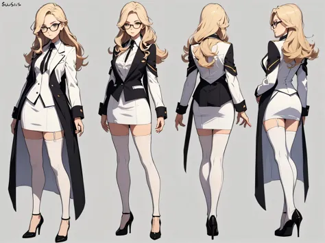 ((masterpiece)),(((best quality))),(character design sheet, same character, front, side, back), beautiful woman, glasses, long b...