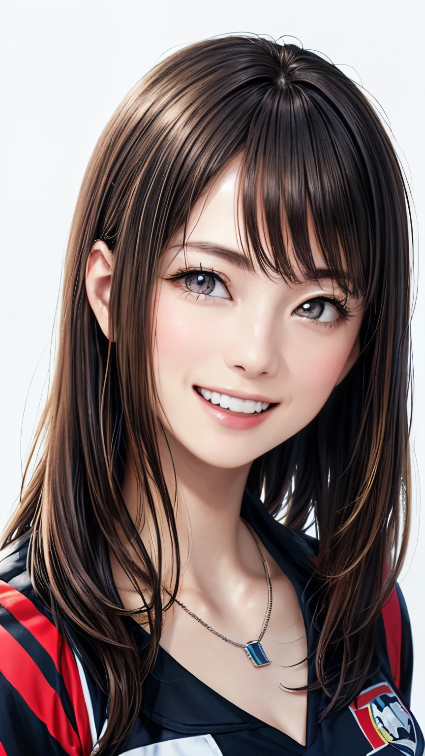 (highest quality、8k、32K、masterpiece)、(realistic)、(Photoreal:1.2)、(High resolution)、Super detailed、very beautiful face and eyes、1 girl、round and small face、thin waist、delicate body、(close、highest quality、high detail、rich skin details)、(highest quality、8k、oil paint:1.2)、Super detailed、(realistic、realistic:1.37)、bright colors、(((I'm blonde)))、(((bust shot)))、(((medium hair、blonde hair)))、(((Pure white wall background)))、(((she is wearing a black and white uniform)))、(((pure white wall background)))、(((It&#39;s a soccer uniform)))、(((Ｖneck uniform)))、(((Uniform with vertical stripes)))、(((I&#39;m smiling)))、(((I&#39;m laughing out loud)))、(((Teeth are visible)))、(((I'm touching my head)))、(((I&#39;m wearing a necklace)))