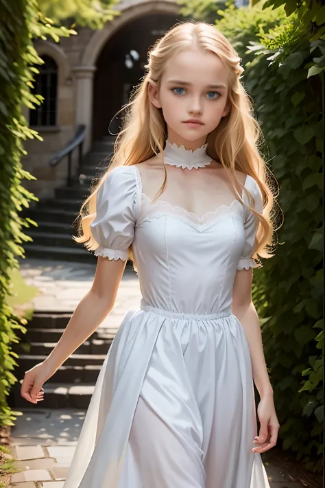 virginia otis, 15 years old (blond hair, blue eyes), thin, cute face, walks at night in canterville castle (inspired by the nove...