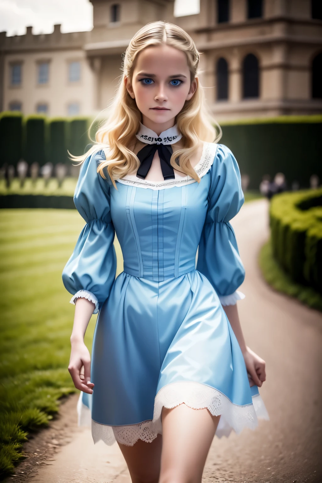 Virginia Otis, 15 years old (blond hair, blue eyes), thin, cute face, walks at night in Canterville Castle (inspired by the novel The Canterville Ghost). aged 1887, Victorian dark fantasy