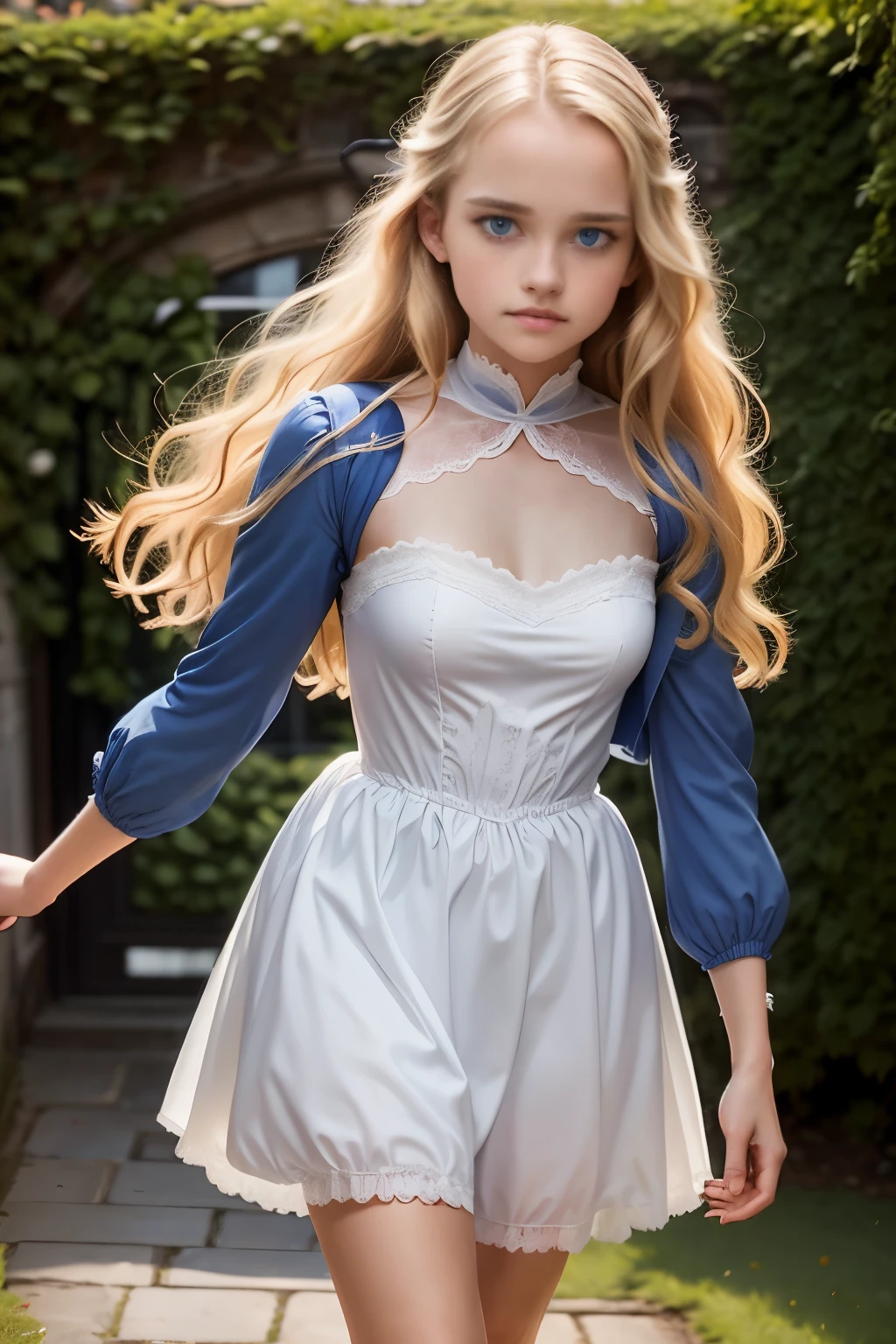 Virginia Otis, 15 years old (blond hair, blue eyes), thin, cute face, walks at night in Canterville Castle (inspired by the novel The Canterville Ghost). aged 1887, Victorian dark fantasy
