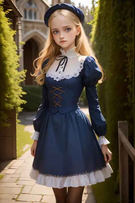 virginia otis, 15 years old (blond hair, blue eyes), thin, cute face, walks at night in canterville castle (inspired by the nove...