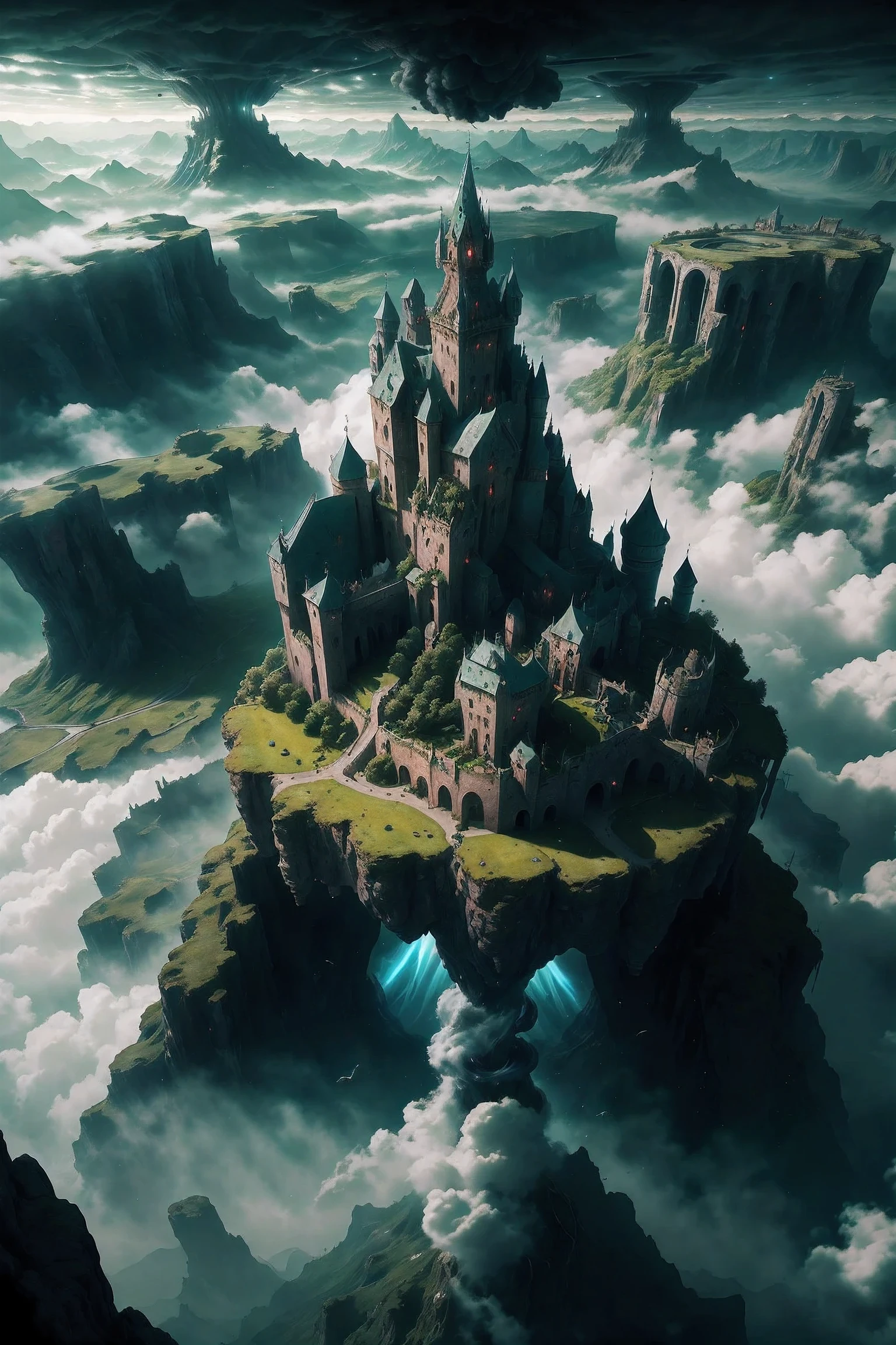 ((Aerial View)), giant medieval castle , epic landscape, ((wind effect)),,(mythical atmosphere),light is penetrating through clouds, magnificent clouds, green theme, epic castle, in another planet