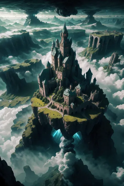 ((aerial view)), giant medieval castle , epic landscape, ((wind effect)),,(mythical atmosphere),light is penetrating through clo...