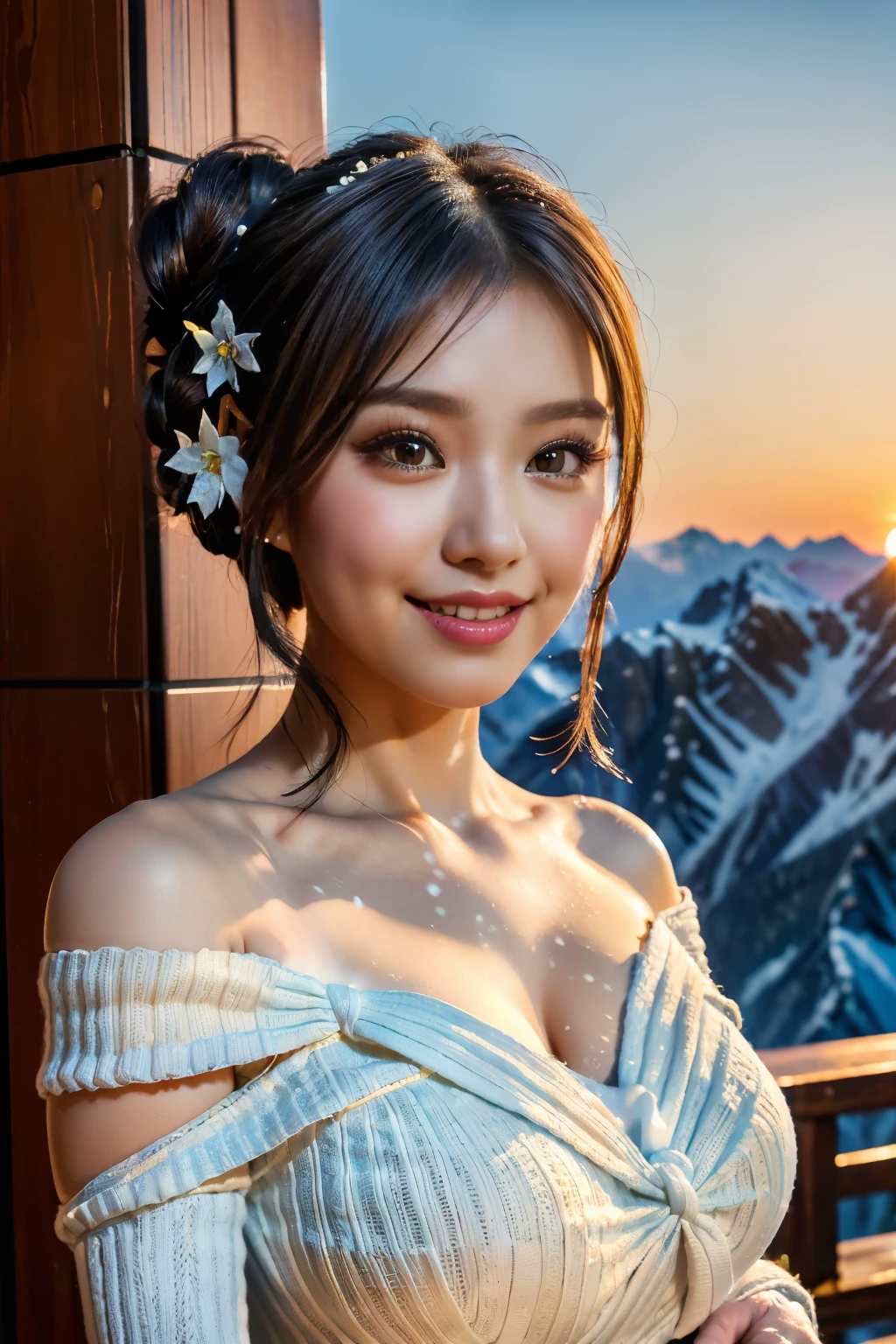 (Make your subject look three-dimensional with the contrast of light and shadow),(((With the sunset in the background))),(((Winter snowy mountain climbing scenery:1.3))),cute and beautiful adult woman,cute round face,cute smile,with blushing cheeks,red lips,(((Off-white off-shoulder knit tight dress:1.3))),black stockings,Knee-high boots,(silvery hair,floral braided headband,half up、floral braided space bun,voluminous fishtail braid,Twisted pan,),(The bangs are see-through bangs),hairpin,hair ornaments,(((emphasize the chest:1.3))),Breast flick,Detailed clothing characteristics,Detailed characteristics of hair,detailed facial features,(dynamic angle),(dynamic and sexy pose),professional lighting,cinematic light,(table top,highest quality,Ultra high resolution output image,) ,(8K quality,Depth of the bounds written,Anatomically accurate facial structure,),(sea art 2 mode:1.3),(Image mode Ultra HD,),(3D Realistic Photography:1.3)