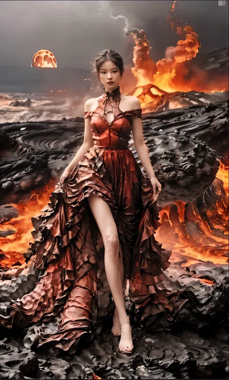 a woman in a dress is standing on a rock with fire, dress made of fire, fire dress, full dress of lava showcase, karol bak uhd, ...