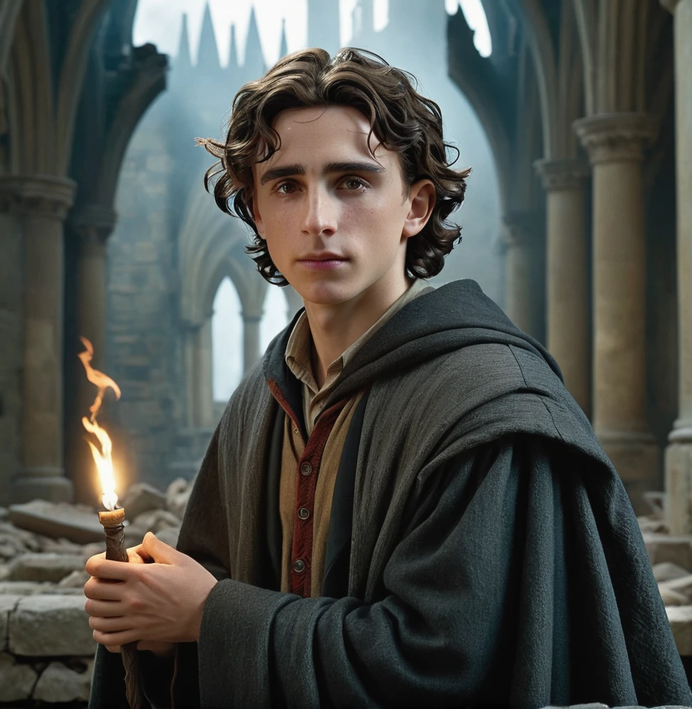 photo,8k,Envision a character who is the scion of a world-renowned wizard, with the same profound and introspective visage that calls to mind a real-life figure akin to Timothée Chalamet. This young man is distinguished by his naturally unkempt, ebony hair and lucid, discerning eyes that resonate with a well of knowledge and unvoiced thoughts. His physique is slender, echoing an elegance and dexterity that hint at his noble ancestry.

Heir to Harry Potter, his life is interwoven with a history as burdensome as it is illustrious. His wardrobe is a fusion of the old and the new – sophisticated wizarding attire with modern alterations and fabrics, heralding a fresh epoch in the magical realm.

The surrounding landscape is a stark contrast to his refinement. The grand edifice reminiscent of Hogwarts stands compromised and besieged. Its once majestic towers have succumbed to fracture and collapse, their remnants scattered like fallen soldiers on a battlefield. The atmosphere is heavy with the remnants of magical disarray and the remnants of a recent tumultuous encounter. Our hero stands central in this tableau of destruction, a solitary figure of resilience and potential amidst the ruins. In his hand is a wand, gripped with intent and poise, his posture an embodiment of both the weight of his lineage and the courage to transcend it. Looming in the background, the fractured profile of the school serves as a somber backdrop, an impetus for the narrative of restoration he is poised to begin.:0.7,freckles, photo, (realistic:1.3), 8k,