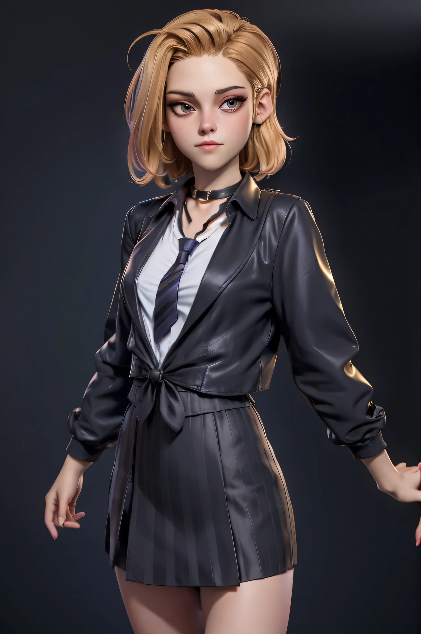 Character concept, full figure, 3DMM, kst3w, Kristin Stewart, 16 years, (One:1.1), Kristin Stewart, perfect face, (((black necklace))), (((night skirt suit))), (((pleated school miniskirt))), (((night color jacket))), (((Silk tie))), Windsor tie, (((White shirt))), cup size S, (((Night color miniskirt with 1 horizontal gold stripe))), One focus, fully dressed, elegantly dressed, panty shot, black thong, Half-open mouth, neat hairstyle, shoulder length hair, Brown hair, Brown eyes, beautiful detailed eyes，bright students，（very good and beautiful），（Beautiful and detailed description of the eyes), [[gentle fingers and hands:0.55]::0.85], (detail fingers), Facing the camera, (Background with：school corridor，mystical atmosphere), (Illustration, cartoon, Masterpiece, very detailed, Best quality，cinematic lighting，muted colors, detailed background, A high resolution)