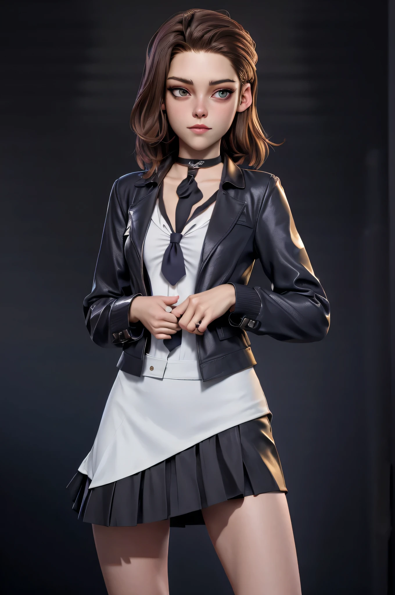 Character concept, full figure, 3DMM, kst3w, Kristin Stewart, 16 years, gynoid physics, (One:1.1), Kristin Stewart, perfect face, (((black necklace))), (((night skirt suit))), (((pleated school miniskirt))), (((night color jacket))), (((Silk tie))), Windsor tie, (((White shirt))), cup size S, (((Night color miniskirt with 1 horizontal gold stripe))), One focus, fully dressed, elegantly dressed, panty shot, black thong, Half-open mouth, neat hairstyle, shoulder length hair, Brown hair, Brown eyes, beautiful detailed eyes，bright students，（very good and beautiful），（Beautiful and detailed description of the eyes), [[gentle fingers and hands:0.55]::0.85], (detail fingers), Facing the camera, (Background with：school corridor，mystical atmosphere), (Illustration, cartoon, Masterpiece, very detailed, Best quality，cinematic lighting，muted colors, detailed background, A high resolution)