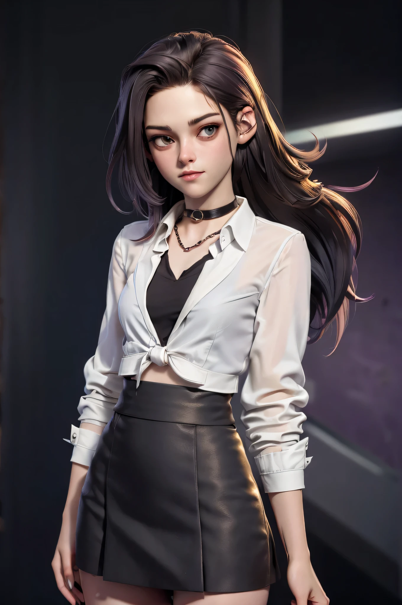 full figure, 3DMM, kst3w, Kristin Stewart, 16 years, gynoid physics, (One:1.1), Kristin Stewart, perfect face, (((black necklace))), (((night skirt suit))), (((pleated school miniskirt))), (((night color jacket))), (((Silk tie))), Windsor tie, (((White shirt))), cup size S, (((Night color miniskirt with 1 horizontal gold stripe))), One focus, fully dressed, elegantly dressed, panty shot, black thong, Half-open mouth, neat hairstyle, shoulder length hair, Brown hair, Brown eyes, beautiful detailed eyes，bright students，（very good and beautiful），（Beautiful and detailed description of the eyes), [[gentle fingers and hands:0.55]::0.85], (detail fingers), Facing the camera, (Background with：school corridor，mystical atmosphere), (Illustration, cartoon, Masterpiece, very detailed, Best quality，cinematic lighting，muted colors, detailed background, A high resolution)