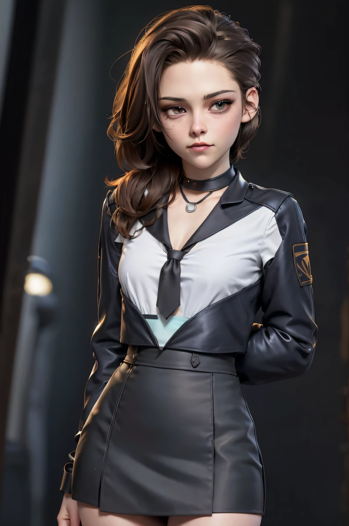 3DMM, kst3w, Kristin Stewart, 16 years, gynoid physics, (One:1.1), Kristin Stewart, perfect face, (((black necklace))), (((night skirt suit))), (((pleated school miniskirt))), (((night color jacket))), (((Silk tie))), Windsor tie, (((White shirt))), cup size S, (((Night color miniskirt with 1 horizontal gold stripe))), One focus, fully dressed, elegantly dressed, Half-open mouth, neat hairstyle, shoulder length hair, Brown hair, Brown eyes, beautiful detailed eyes，bright students，（very good and beautiful），（Beautiful and detailed description of the eyes), [[gentle fingers and hands:0.55]::0.85], (detail fingers), Facing the camera, (Background with：school corridor，mystical atmosphere), (Illustration, cartoon, Masterpiece, very detailed, Best quality，cinematic lighting，muted colors, detailed background, A high resolution)