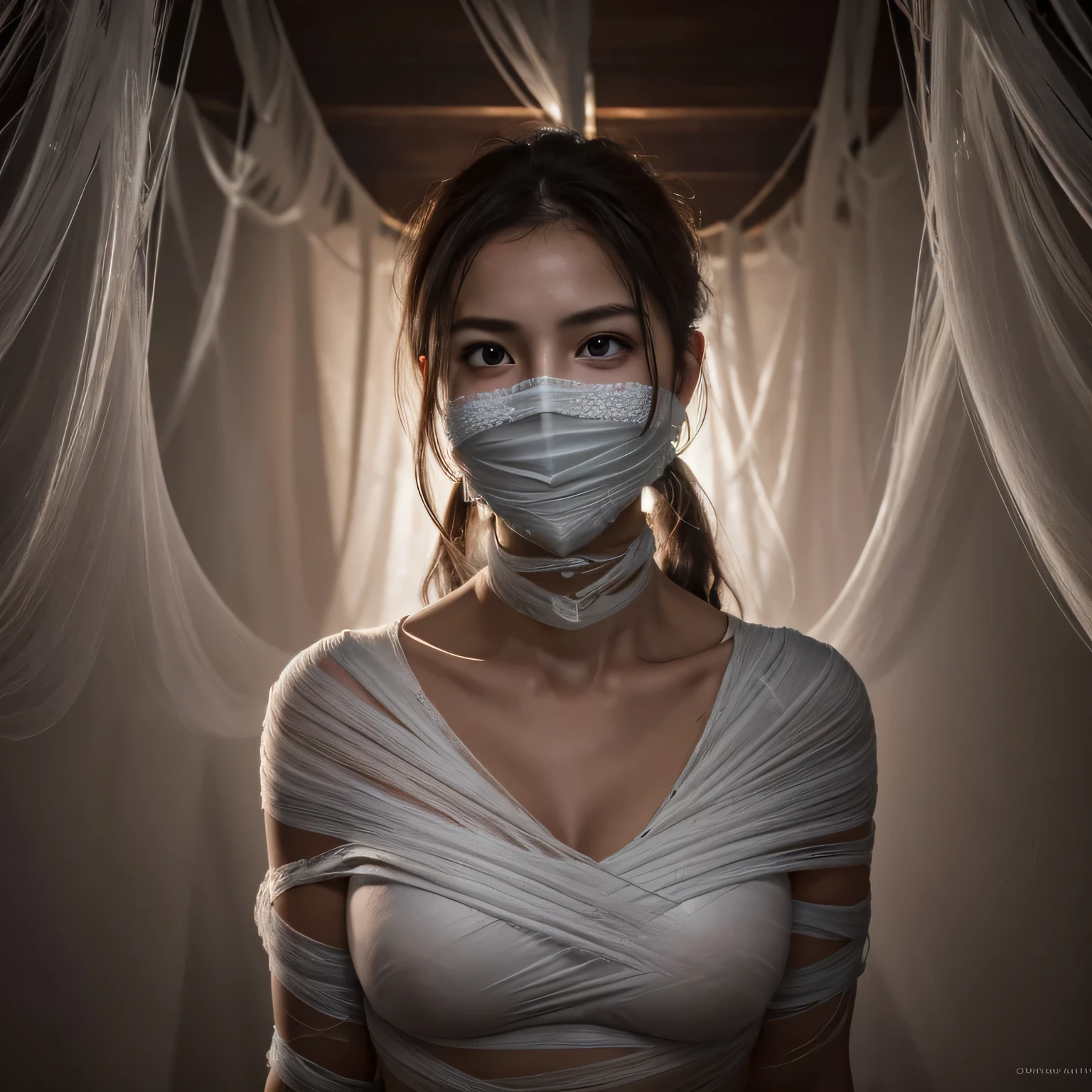 ing from the ceiling, dim lighting, dark atmosphere, oil painting style, vibrant colors, intense emotion. (best quality, highres, ultra-detailed, realistic:1.2), spiderweb, trapped, delicate facial features, fear in her eyes. half body visible,(gagged:1.4),