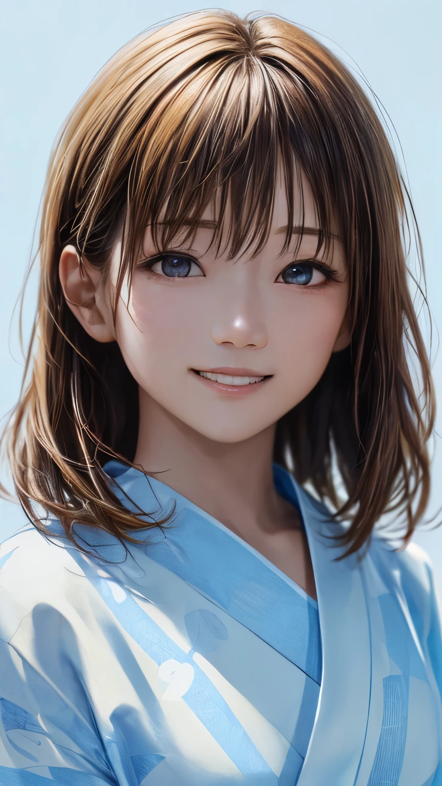 (highest quality、8k、32K、masterpiece)、(realistic)、(Photoreal:1.2)、(High resolution)、Super detailed、very beautiful face and eyes、1 girl、round and small face、thin waist、delicate body、(close、highest quality、high detail、rich skin details)、(highest quality、8k、oil paint:1.2)、Super detailed、(realistic、realistic:1.37)、bright colors、(((I&#39;m blonde)))、(((bust shot)))、(((medium hair、blonde hair)))、(((pure white wall background)))、(((Will)))、(((pure white wall background)))、(((Will is wearing a polka dot yukata.)))、(((A white and light blue yukata)))、(((light blue dot pattern)))、(((I&#39;m smiling)))、(((Will is brushing his hair back.)))、(((Will face forward)))