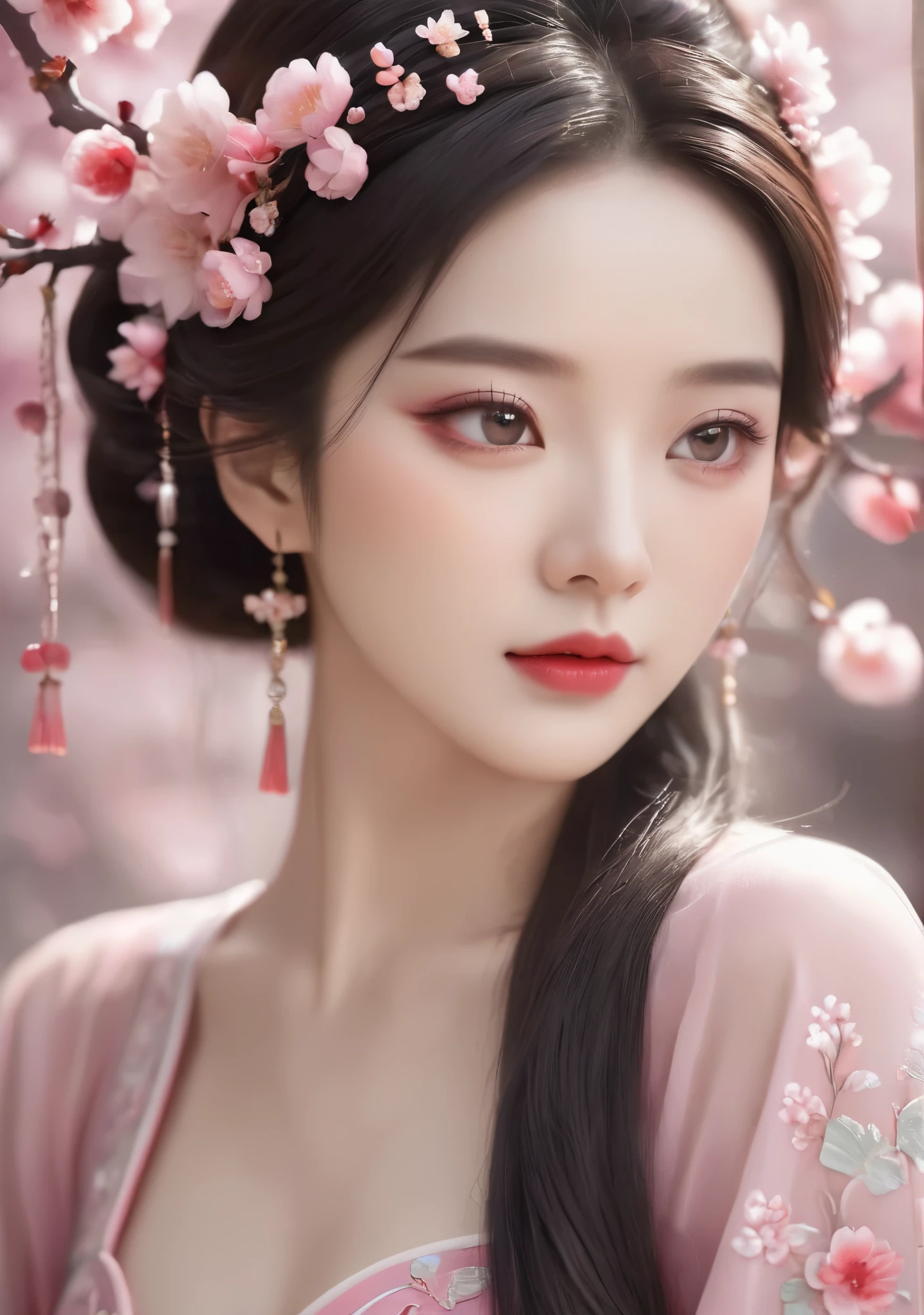 A close-up of a woman wearing a pink dress and a floral headpiece, a Chinese ancient princess, a Chinese princess, a beautiful ancient Chinese beauty, a stunning fantasy queen, inspired by plum blossoms, inspired by Ruan Jia, inspired by Du Qiong, ((a beautiful fantasy queen)), Sha Xi, inspired by Zhang Yin. (best quality,4k,8k,highres,masterpiece:1.2), ultra-detailed, (realistic,photorealistic,photo-realistic:1.37), HDR, UHD, studio lighting, ultra-fine painting, sharp focus, physically-based rendering, extreme detail description, professional, vivid colors, bokeh, portraits, traditional Chinese painting style, vibrant colors, gentle lighting.