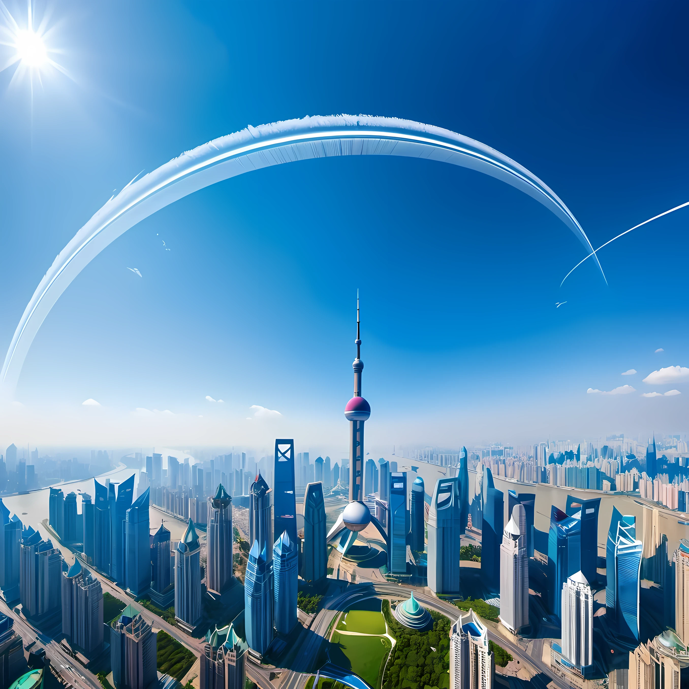 on blue background，The plane leaves an artistic trail of white lines in the sky。The arc-shaped light and shadow ejected from the tail，The bifurcation extends to the upper left and lower left，it&#39;like a crack in time。at the center of the curve，A magnificent scene depicting Shanghai&#39;s landmark buildings。High contrast and natural light throughout the image，Provide clear results，Create a unique atmosphere。Delicate color grading，Give the picture a layered and artistic feel。Sharp and accurate focus，Allow viewers to see details and elements clearly。This surrealist masterpiece demonstrates extraordinary imagination and unique style