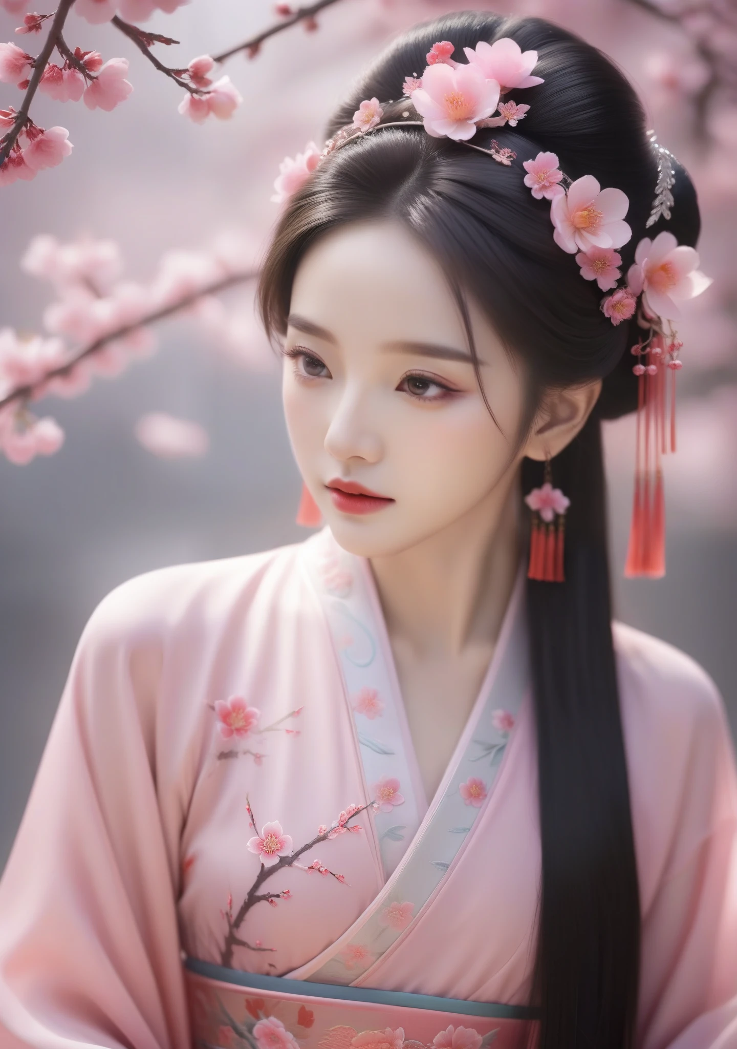 Close de uma mulher usando um vestido rosa e um capacete floral, uma antiga princesa chinesa, uma princesa chinesa, uma bela beleza chinesa antiga, uma deslumbrante rainha da fantasia, inspirado em flores de ameixa, inspirado em Ruan Jia, inspirado em Du Qiong, ((uma linda rainha da fantasia)), sha xi, inspirado em Zhang Yin. (melhor qualidade,4K,8K,alta resolução,obra de arte:1.2), Ultra-detalhado, (realista,photorealista,photo-realista:1.37), HDR, Ultra HD, iluminação de estúdio, pintura ultrafina, foco nitído, renderização baseada fisicamente, descrição detalhada extrema, profissional, cores vivas, Bokeh, retratos, estilo de pintura tradicional chinesa, cores vibrantes, iluminação suave.