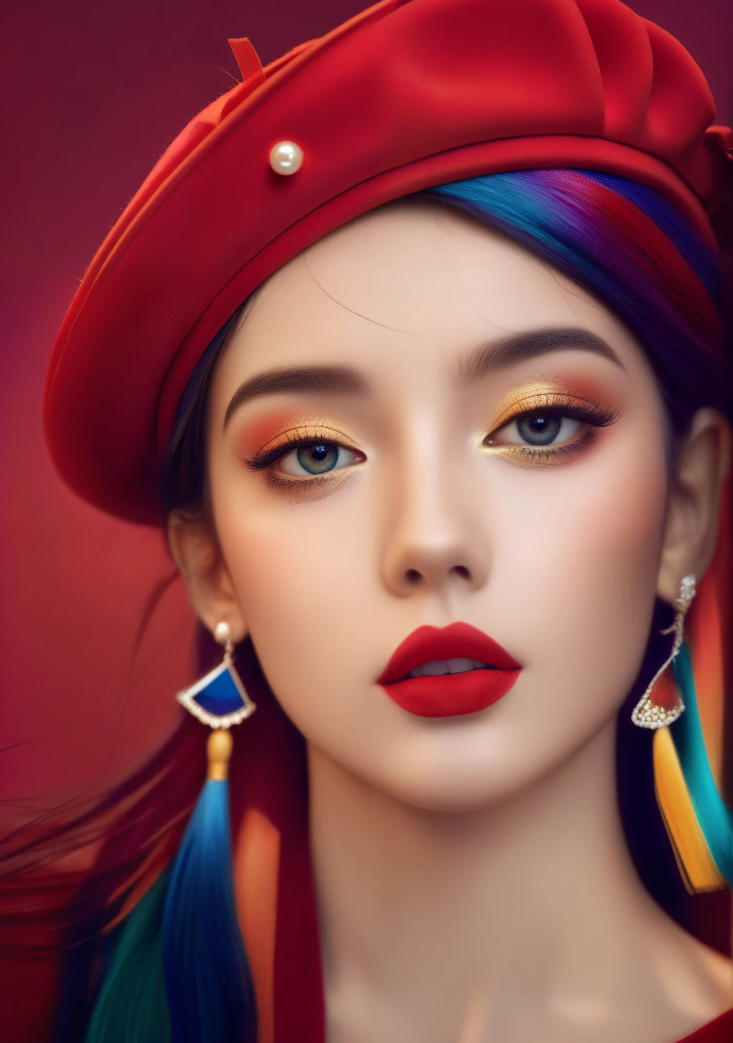 photo by Greg Rutkowski, (high quality:1.7), (rich and colorful:1.5), (photo | Award-winning ), sharp focus, inspired by masterpiece illustration, 1 girl, alone, hair accessories, Upper body, red lips, 3d, cartoon, 2k, 4k, best quality, masterpiece,  beautiful eyes,