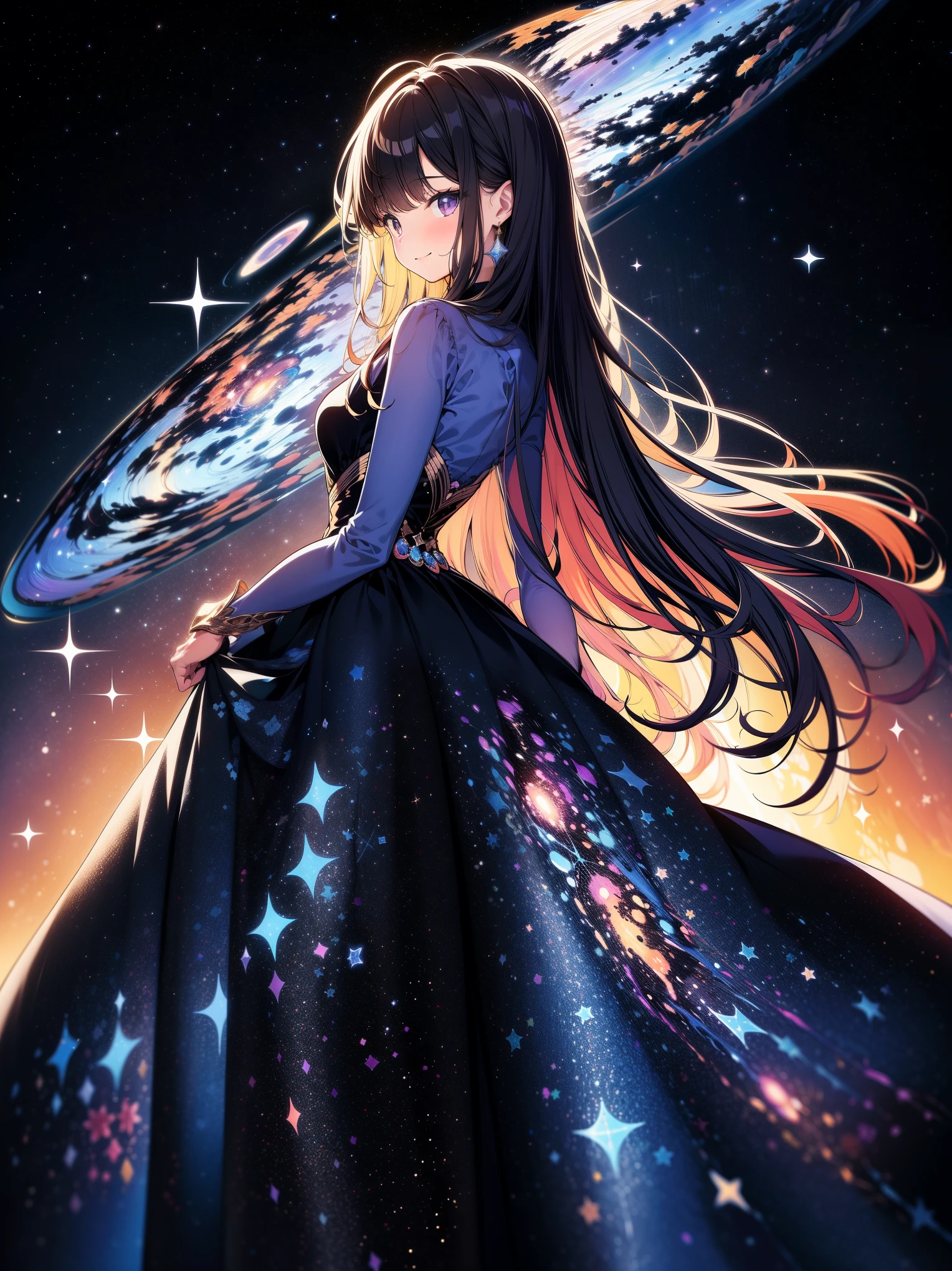 (masterpiece), woman wearing starry dress, The Milky Way stretches to the horizon, Elegant twirl in long skirt, deep indigo and violet shades, A feeling of wonder and vastness of the universe, colorful space scenery, illustration, oil painting on canvas, side view, gentle smile, looking at viewer