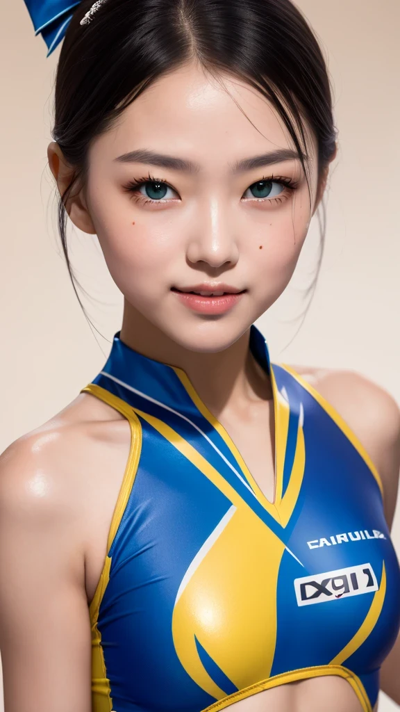 (masterpiece, best quality:1.5), beautiful girl, 8k, 50mm portrait, RAW photos, absurd, exquisite girl, (Close-up face, Dance:1.3),  upper part of body, front shot, short hair, cheerleader, Pink cheerleading uniform, mini skirt, ribbon hair bow, view viewer, (Smile:0.6), skin shiny, breast focus, Thin arms, The waist is thin, face light, clear lighting, film grain, Color difference, stadium, (Bokeh:1.1), (simple background:1.2)