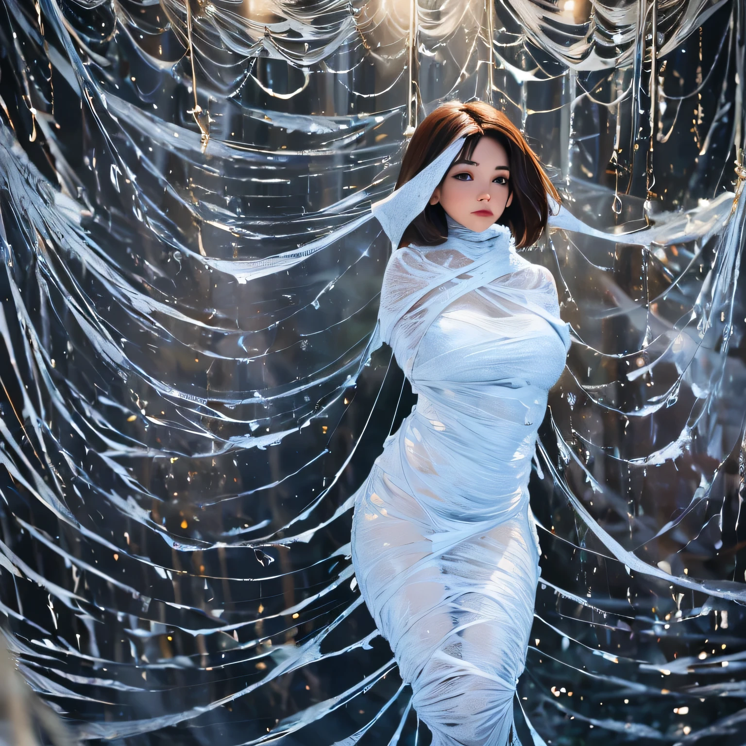 one girl tied up by another one with rope,(bright lighting,romantic setting),dreamy background,bondage,dark hair, mesmerizing gaze, , soft skin, alluring beauty, artistic portrait, high-quality image, vibrant colors, long silk gown, dressing room, (cocoon:1.4)