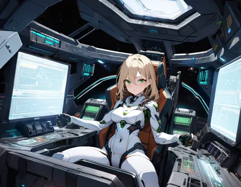 1girl,solo,Sala,original,blond hair,green eyes,white body suit,in space ship,gundamwingcockpit,AR console,Science fiction,ultra-...