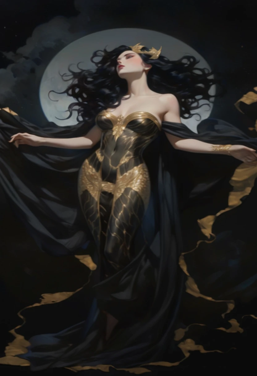 a painting of a woman in a black dress with a full moon behind her, by Donato Giancola, style of donato giancola, chris moore. artgerm, inspired in donato giancola, tom bagshaw donato giancola, inspired by Donato Giancola, hyperdetailed | donato giancola, artgerm detailed ((melhor qualidade)), ((obra-prima)), (detalhado), ((UMA  VAMPIRO)), ((ROSTO PERFEITO)), ((CORPO PERFEITO)), ((perfect hand)), ((ORELHA PERFEITA )), ((NARIZ PERFEITO)), ((boca perfeita)), ((MAGRO)) ((CABELO VERMELHO)), ((PRESAS ENORMES)), ((OLHOS CASTANHOS PERFEITOS)), ((OLHAR, SEDUTOR) ) noite