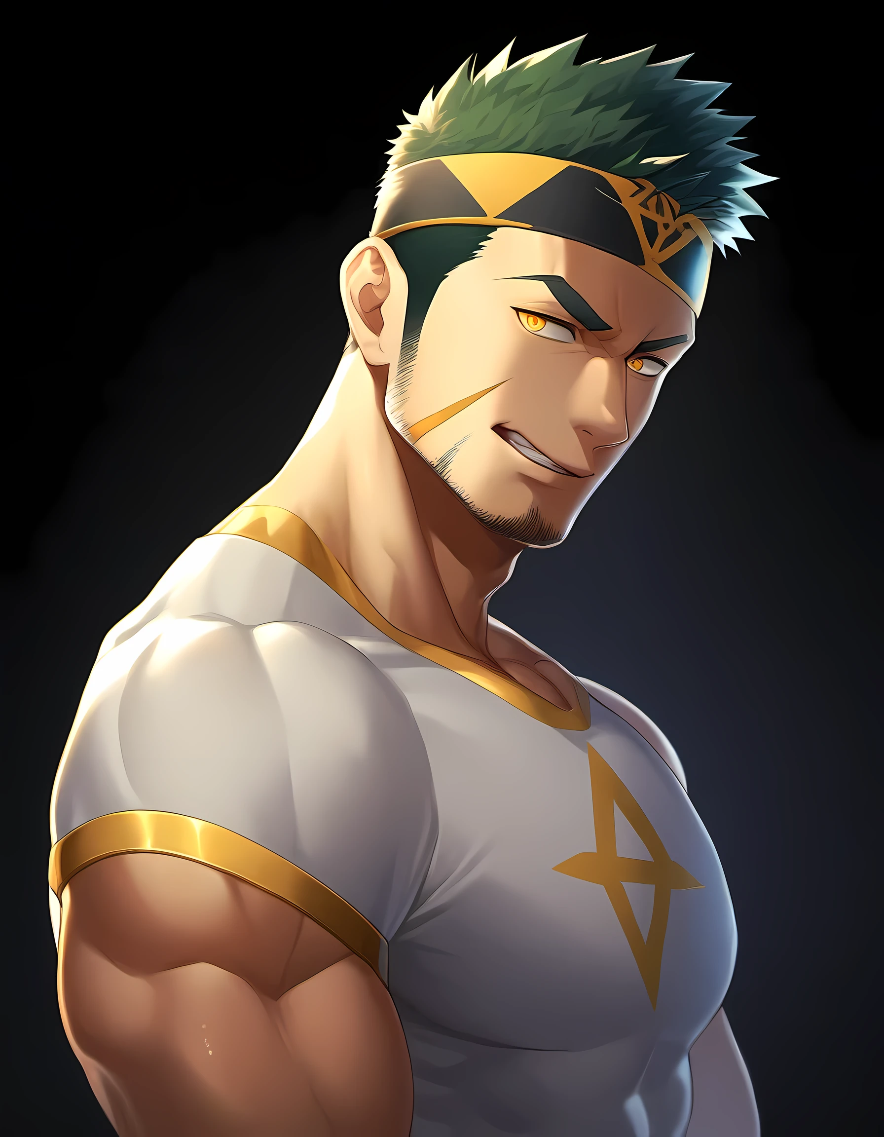 anime characters：Guy, Priapus, 1 young muscular man, male focus, Six pointed star tattoo on face, Sporty black headband, White spandex tight T-shirt, muscular male, muscular, only, Upper body, alone, short yellow hair, stubble, yellow eyes, black background, simple background, amazing quality, best aesthetics, Ridiculous, bright pupils, short hair, naughty face, torogao, open lips, best quality