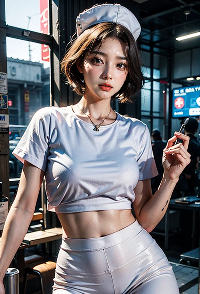 (8k, original photo, best quality, proficient:1.2), (realistic, actual:1.37),(kpop idol), (Egiosar:1),Lovely,professional lighting, photon mapping, Radiosity, Physically based rendering , , Lucy \(cyberpunk\), bob cuts, Mechanical Parts, gray eyes, Soft pink short hair, Wearing white nurse cap、White tights with purple-blue gradient essence, Cyberpunk City, white pants, night, Neon lights light up, Sexy, smokes, looking up at the audience,, 8k High Resolution, 8k, CG wallpaper, realistic, clear background, medium , Body
