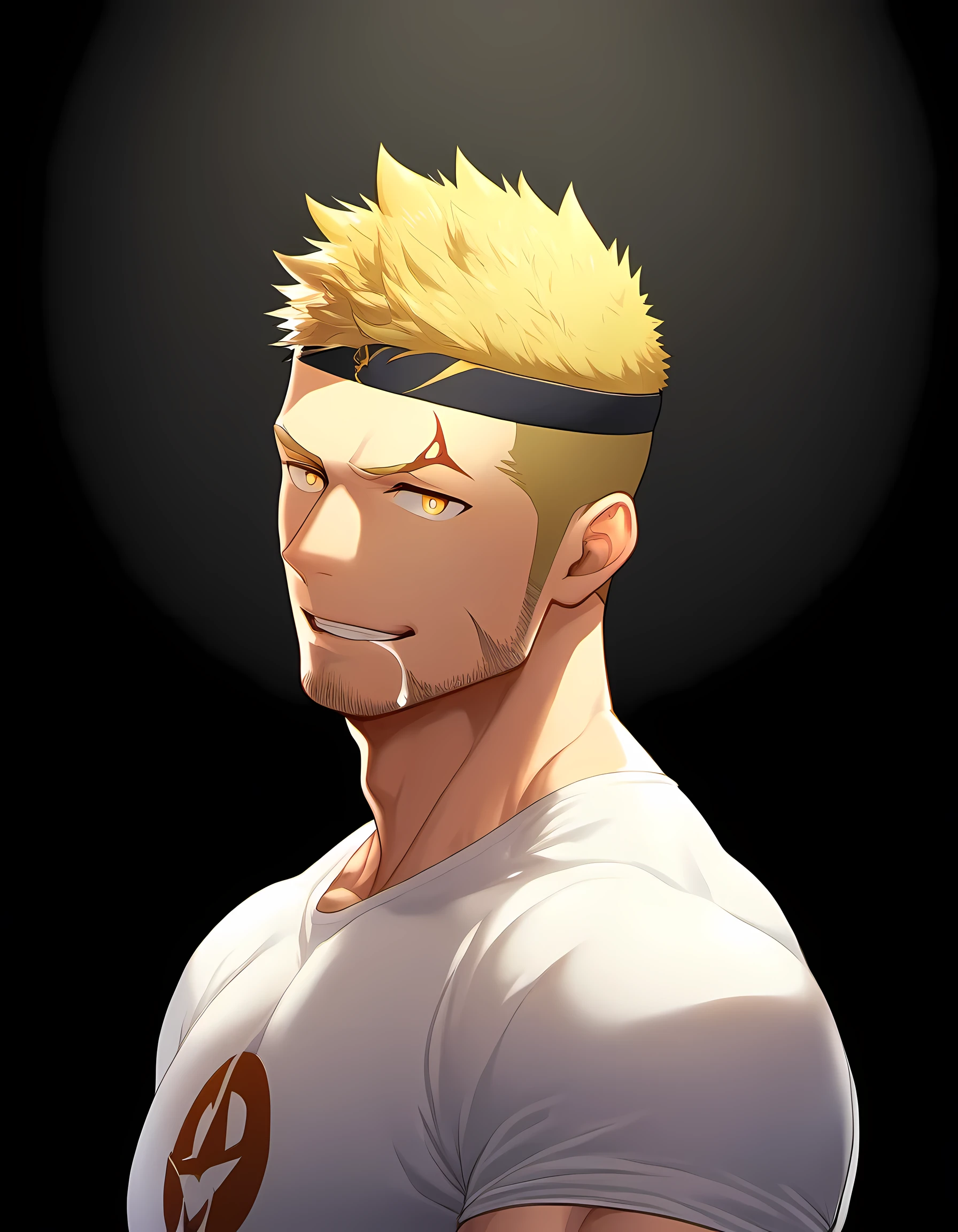 personajes de anime：chico, Príapo, 1 joven musculoso, enfoque masculino, Tatuaje de estrella de seis puntas en la cara., Diadema deportiva negra, Camiseta ajustada de spandex blanca, Moco blanco lechoso en las comisuras de la boca., muscular male, muscular, solo, Parte superior del cuerpo, alone, pelo amarillo corto, rastrojo, Ojos amarillos, Fondo negro, fondo sencillo, calidad increíble, Mejor estetica, Ridículo, pupilas brillantes, cabello corto, Cara traviesa, torogao, labios abiertos, mejor calidad