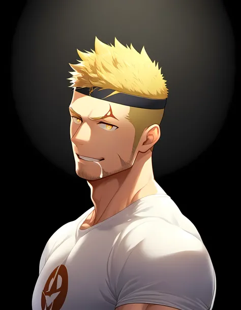 anime characters：Guy, Priapus, 1 young muscular man, male focus, Six pointed star tattoo on face, Sporty black headband, White s...