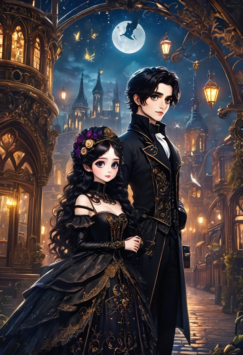 (a heterosexual couple: 1.5, dark style, big eyes, small parts, fluffy black hair), (dark Gothic, Victorian steampunk gothic style), dark, dark setting with skull decorations 32k, fairy tale: 1.4, camera cut: 1.4, ((Dreamlike atmosphere, soft light and magic:1.3)), ((Imaginative scene)),((perfect, meticulously detailed.:1.3)), ((full shot: 1.4)), ((Best quality)) , ((Masterpiece)), 3D, (hyper detailed: 1.3), ((Epic Scenery: 1.3)), ((night background: 1.3 ))), (((the night:1.2))), (photorealistic: 1,4), ((Front camera)),( (Low-light night cinema lighting: 1,2)). 32k.