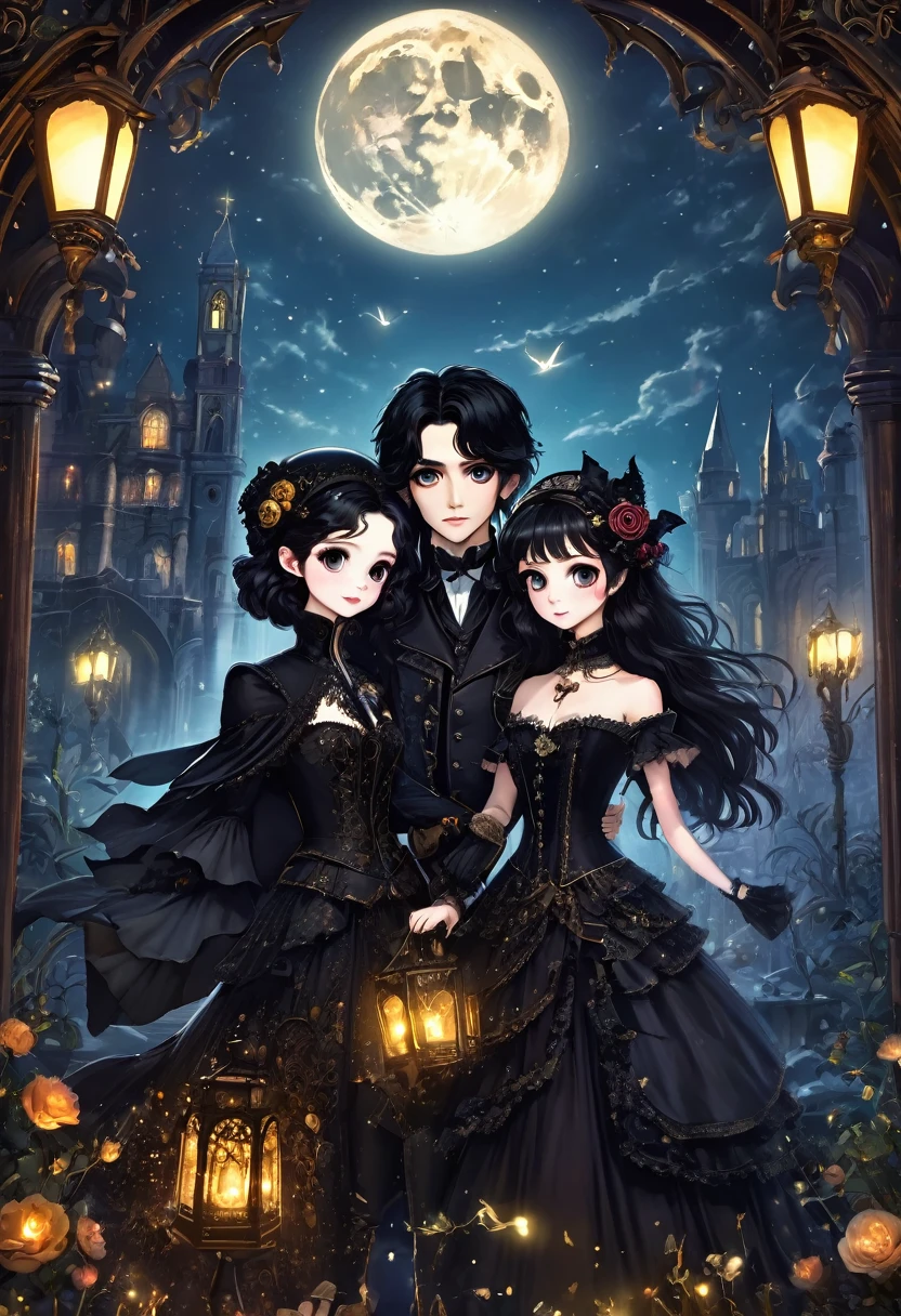 (un couple hétérosexuel: 1.5, sombre style, gros yeux, petites pièces, cheveux noirs duveteux), (sombre Gothic, Style gothique steampunk victorien), sombre, sombre setting with skull decorations 32k, conte de fées: 1.4, caméra coupée: 1.4, ((ambiance onirique, lumière douce et magie:1.3)), ((scène imaginative)),((parfait, minutieusement détaillé.:1.3)), ((de plein fouet: 1.4)), ((Meilleure qualité)) , ((chef-d&#39;œuvre)), 3D, (hyper détaillé: 1.3), ((Paysage épique: 1.3)), ((fond de nuit: 1.3 ))), (((la nuit:1.2))), (Photoréaliste: 1,4), ((Caméra frontale)),( (Éclairage de cinéma de nuit à faible luminosité: 1,2)). 32k.