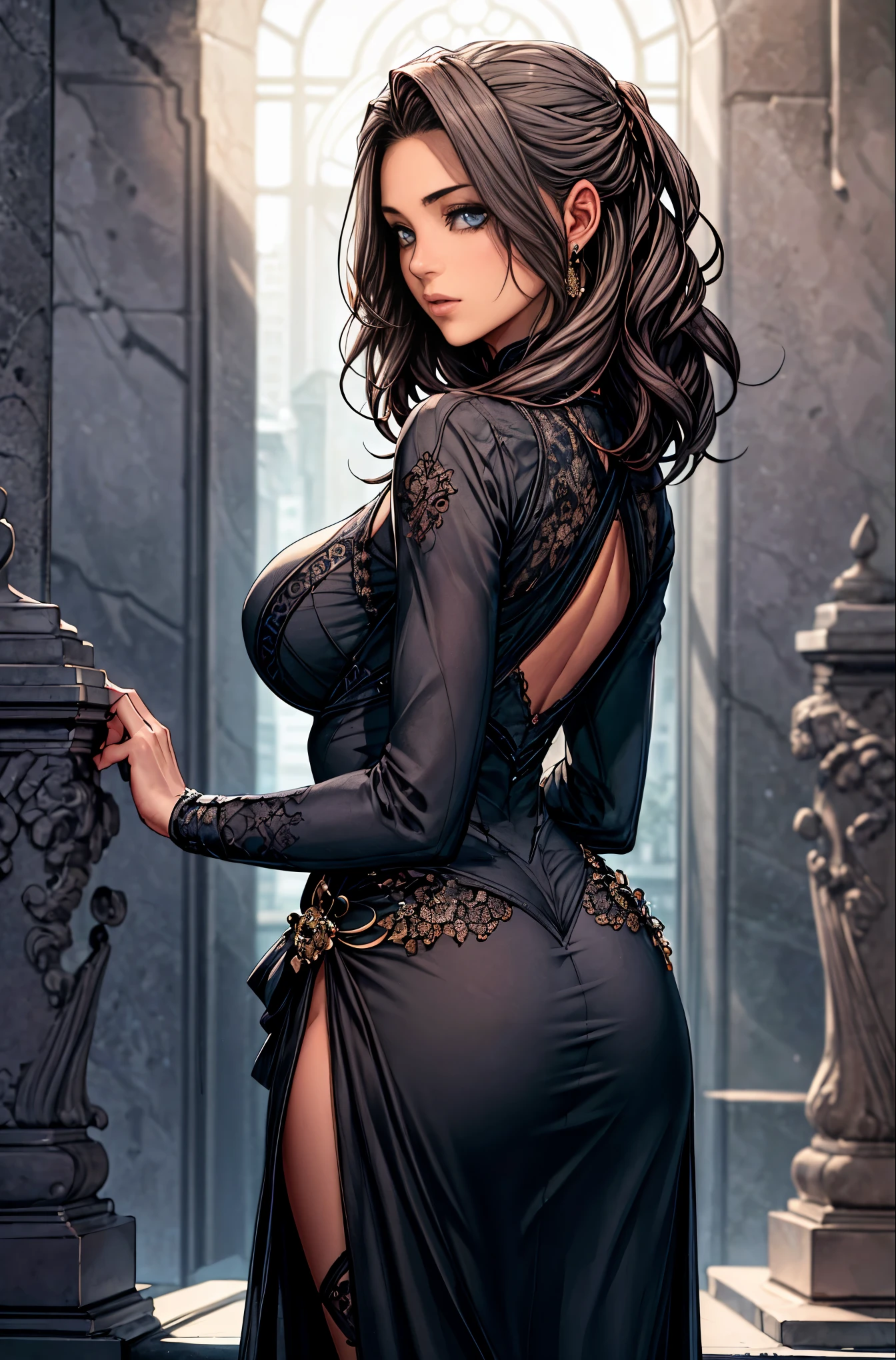 (best quality,8k,masterpiece:1.2),extremely detailed,1girl, gray two-tone hair,dress,long skirt,beautiful detailed face, intricate,dramatic lighting,4k,detailed background,caustics,portrait,full-body shot,looking at the viewer,back view, her buttocks are attractively shaped round buttocks with clear curves, beautiful lighting enhances the overall atmosphere. Show her in an attractive way in the full- body shot.