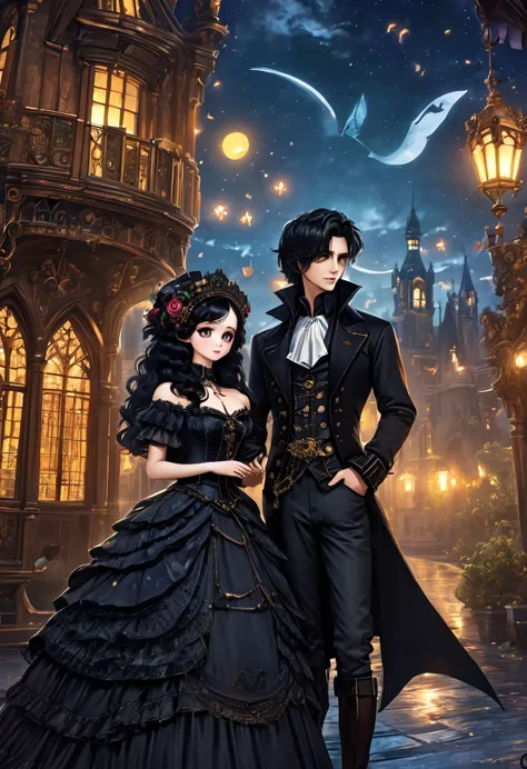(a heterosexual couple: 1.5, dark style, big eyes, small parts, fluffy black hair), (dark Gothic, Victorian steampunk gothic sty...