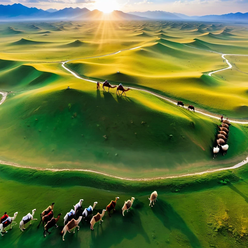 Aerial perspective，animal migration、Herds of camels and sheep、Vast grassland scenery、Mongolian herders、nation、Chinese medieval culture、ancient building、traditional clothing、阳光下的vitality、Uyghur grassland、Endless sheep and camels、Pastoral scenery、horse riding、grazing、major prints、realism、vitality、Riding a camel through the grassland、nature、Dreamy and mysterious effect、Green pastures
