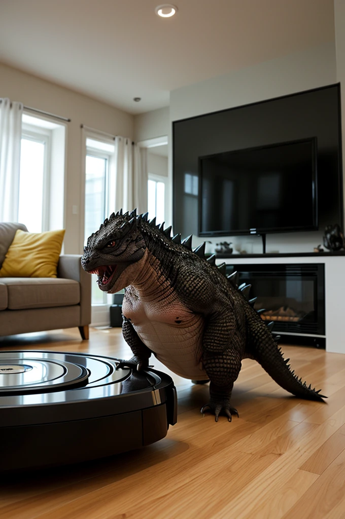(best quality,4k,highres,masterpiece:1.2),ultra-detailed,(realistic,photorealistic:1.37),portrait,creature,godzilla,roaring,fierce,tiny,roomba,cleaning,living room,vibrant colors,playful lighting