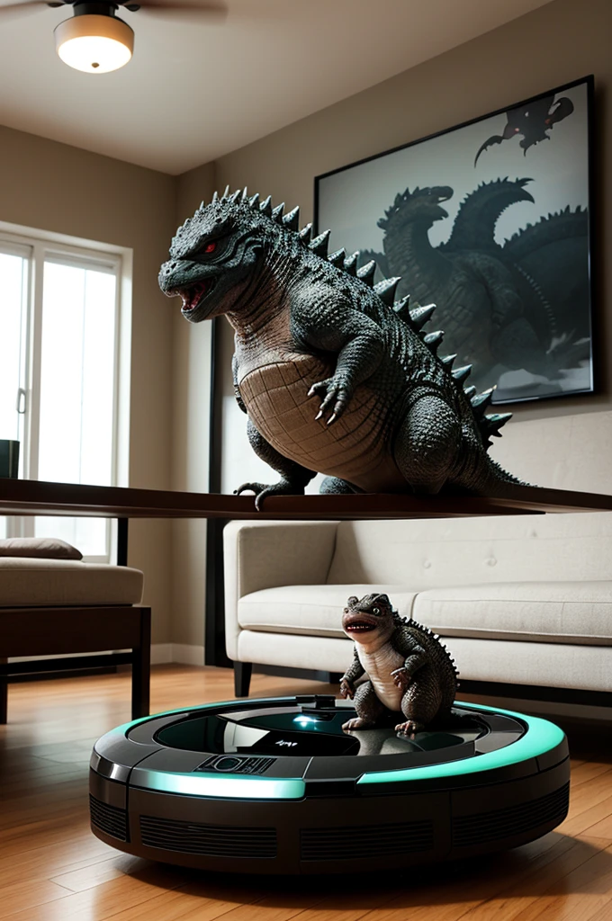 (best quality,4k,highres,masterpiece:1.2),ultra-detailed,(realistic,photorealistic:1.37),portrait,creature,godzilla,roaring,fierce,tiny,roomba,cleaning,living room,vibrant colors,playful lighting