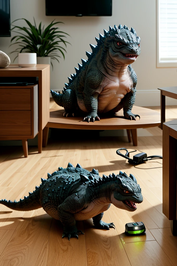 (best quality,4k,highres,masterpiece:1.2),ultra-detailed,(realistic,photorealistic:1.37),portrait,creature,godzilla,roaring,fierce,tiny,roomba,cleaning,living room,vibrant colors,playful lighting