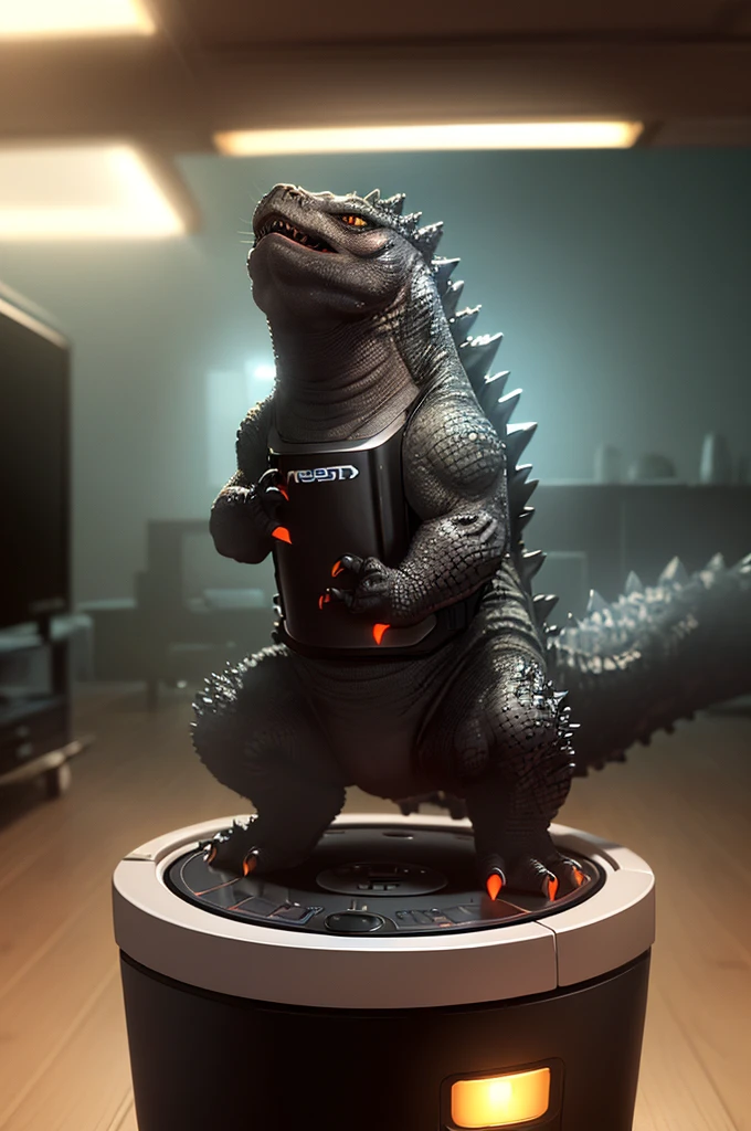 (best quality,4k,highres,masterpiece:1.2),ultra-detailed,(realistic,photorealistic:1.37),portrait,creature,godzilla,roaring,fierce,tiny,roomba,cleaning,living room,vibrant colors,playful lighting
