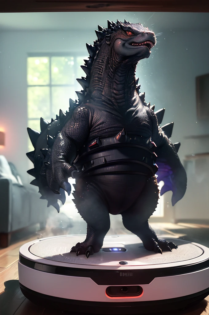 (best quality,4k,highres,masterpiece:1.2),ultra-detailed,(realistic,photorealistic:1.37),portrait,creature,godzilla,roaring,fierce,tiny,roomba,cleaning,living room,vibrant colors,playful lighting