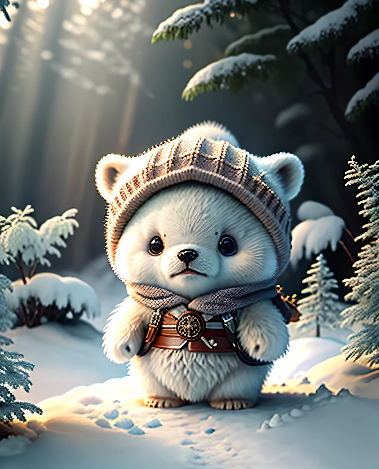 best image quality、"cute生き物たちの傑作を作成しましょう. One、polar bear、（The place is a forest）, high detail, In 8K、best image quality、dressed as an adventurer、With shuriken in hand、medieval adventurer costume、(((cute)))、